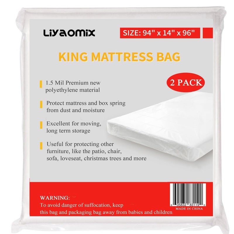 Liyaomix 2 Pack King/Cal King Mattress Bags for for Moving and Disposal  1.5 Mil 94"" x 96"" Clear Plastic Mattress Covers  King Size Waterproof Mattress Protector for Storage - Image 1